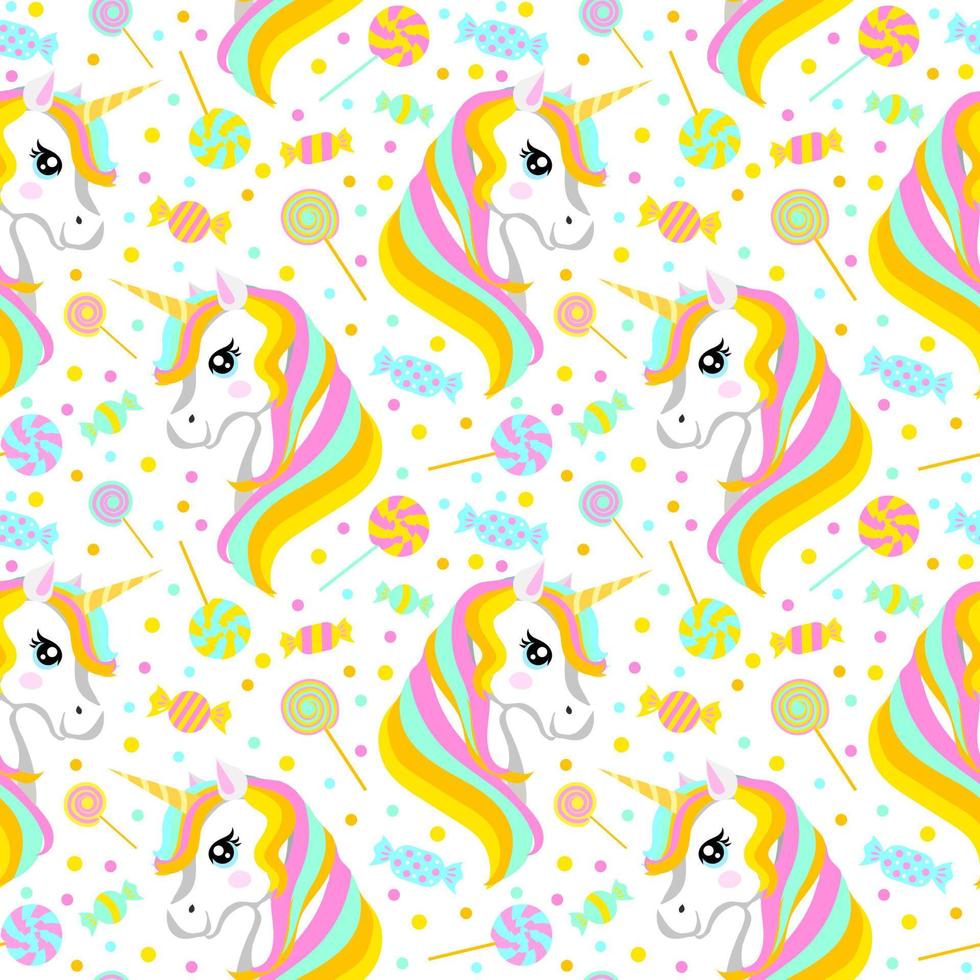 Cute wallpaper with rainbow unicorn and candy. seamless pattern. Vector illustration