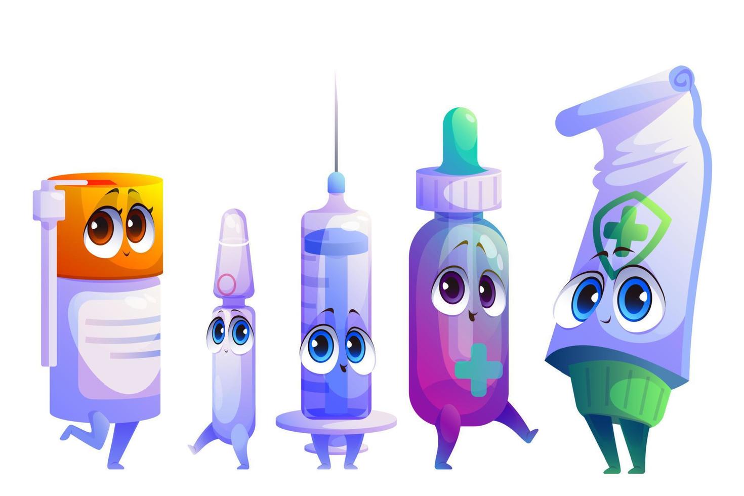 Cartoon remedy, drugs or medicament characters set vector