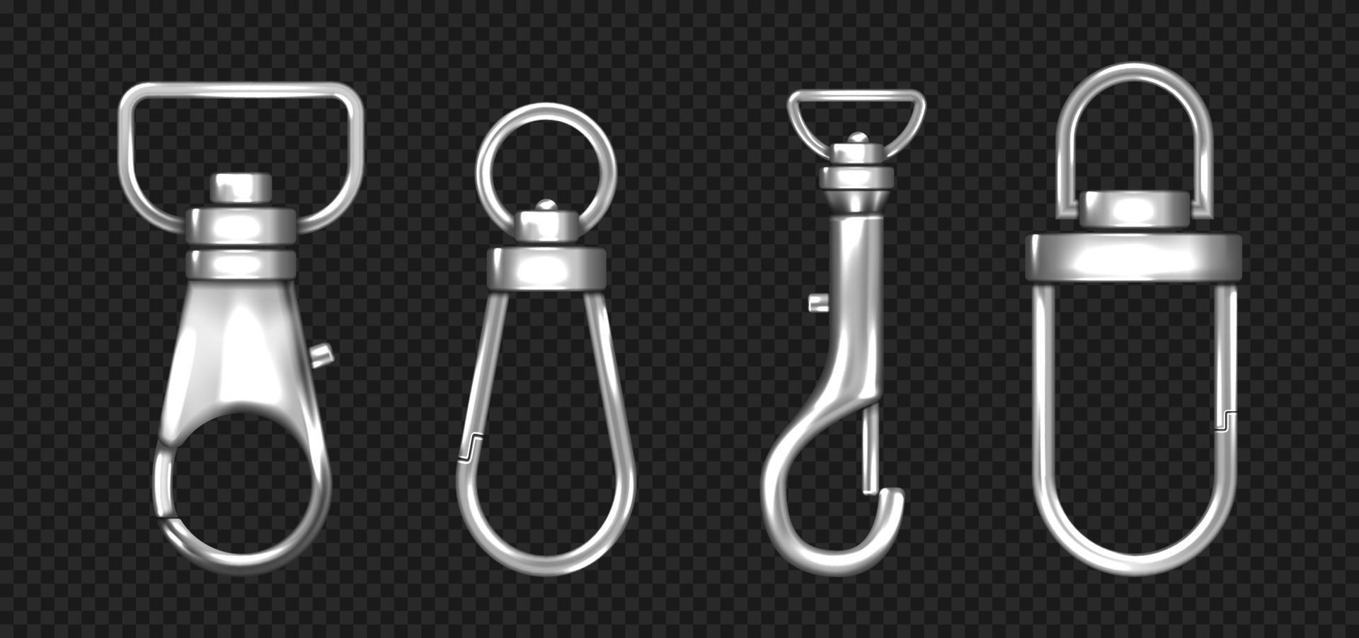 Realistic set of metal carabiners, lobster clasps vector