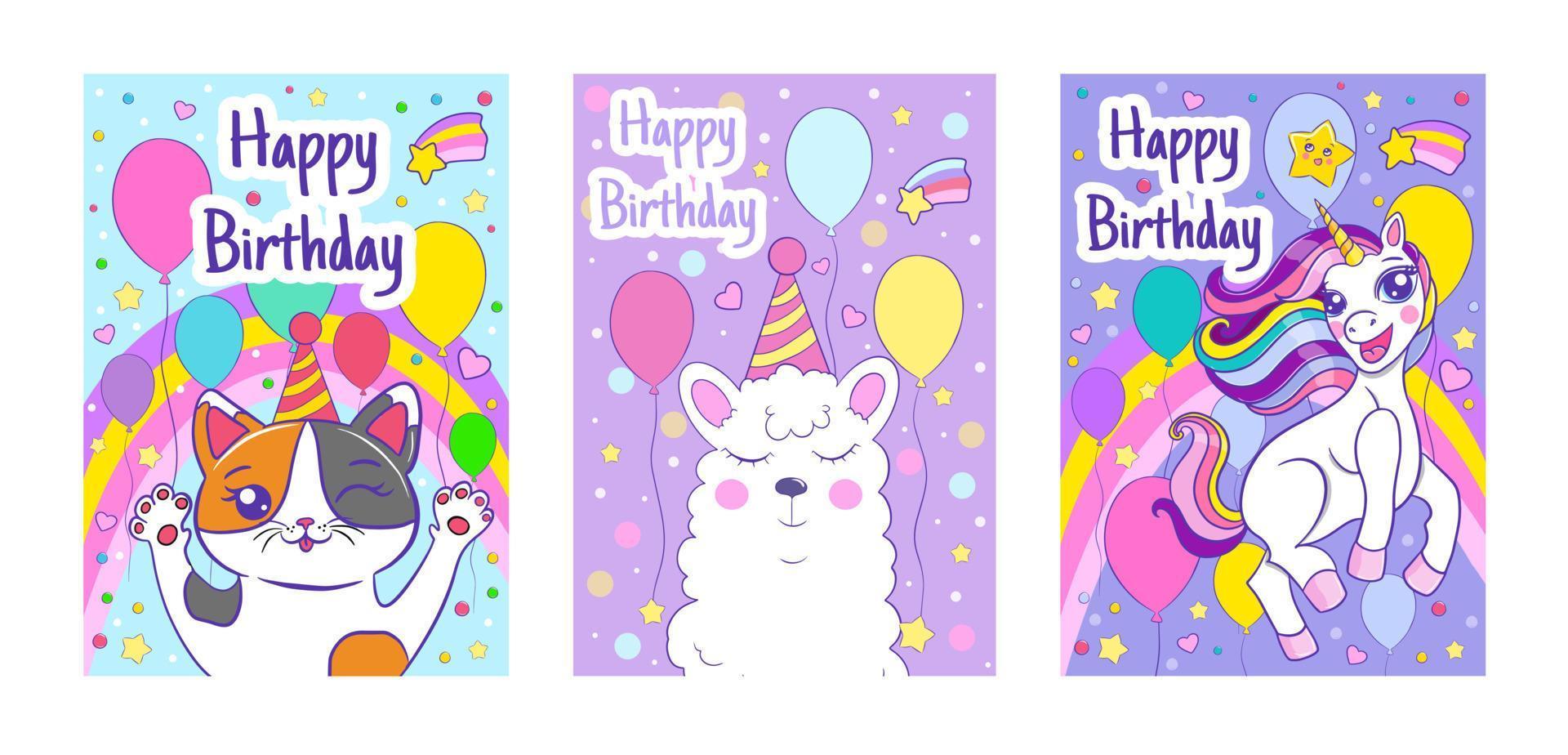 Happy birthday greeting cards set with rainbow and cute cat, llama and unicorn. Vector holiday poster