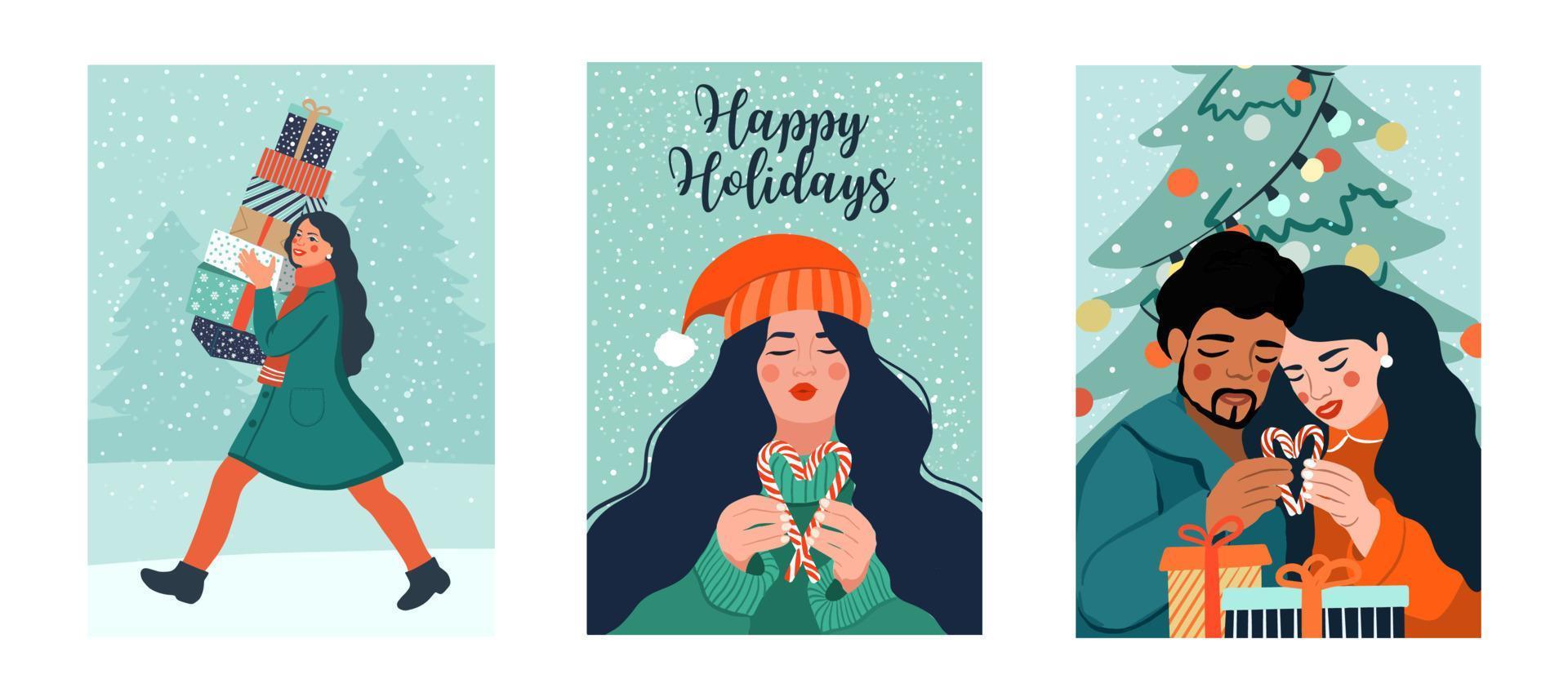 conjunto de tarjetas de felicitación feliz navidad y feliz año nuevo. estilo retro de moda. preparándose para el concepto de vacaciones. plantilla de diseño vectorial vector