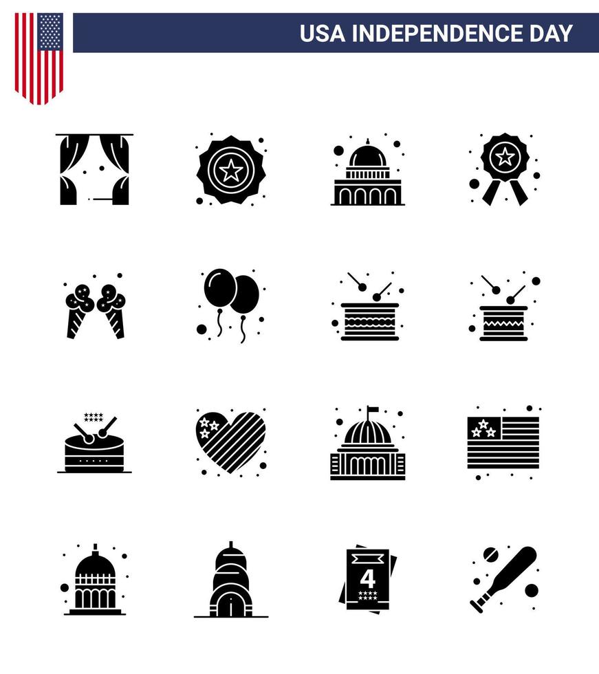 Set of 16 USA Day Icons American Symbols Independence Day Signs for ice sign capitol star badge Editable USA Day Vector Design Elements