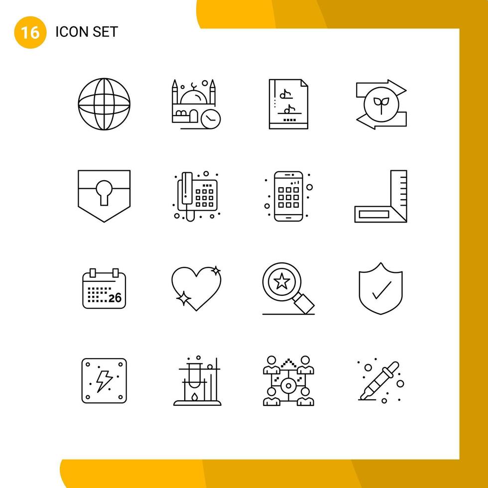 Pack of 16 creative Outlines of security key file document green eco left Editable Vector Design Elements
