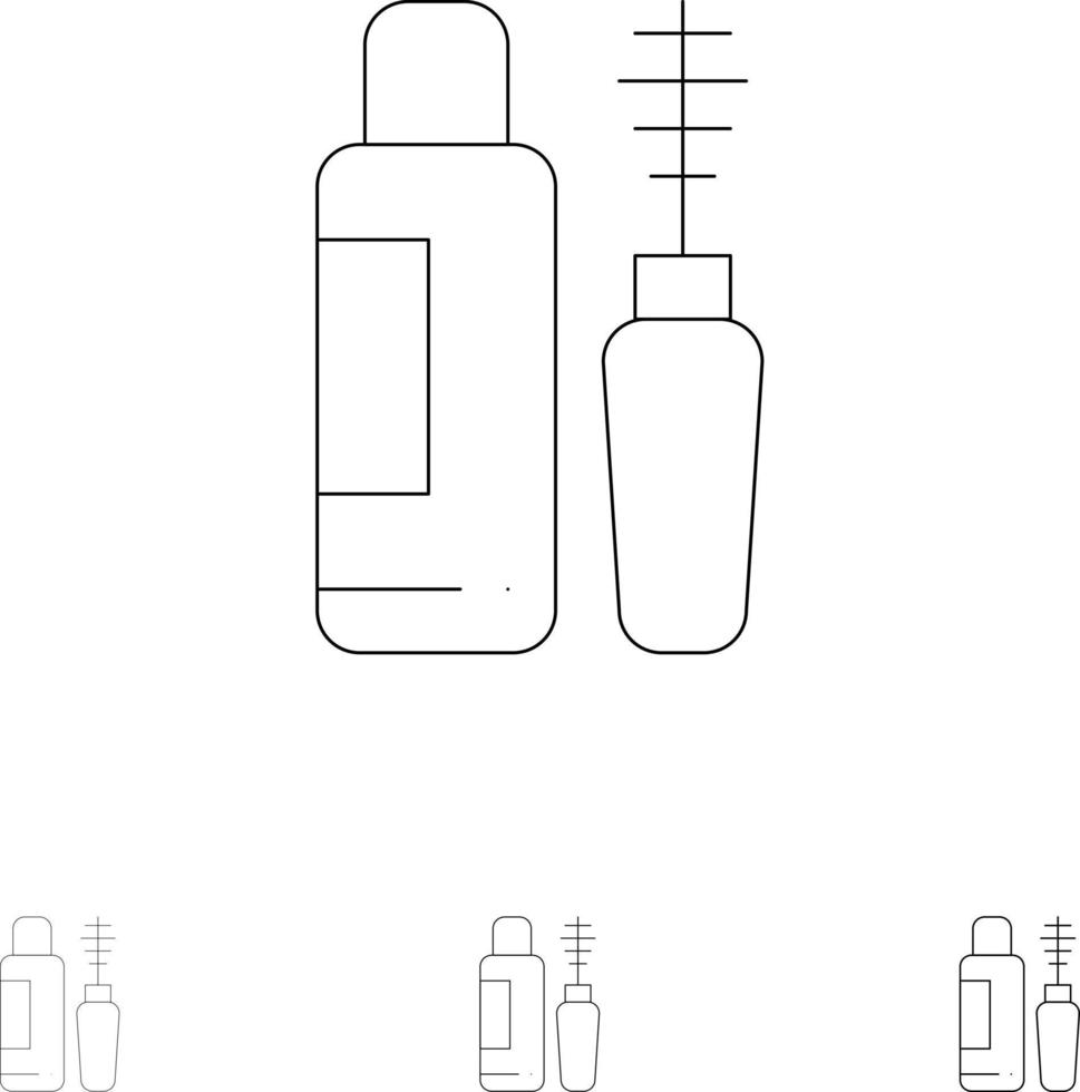 conjunto de iconos de línea negra audaz y delgada de botella de ojo de sombra de rímel vector