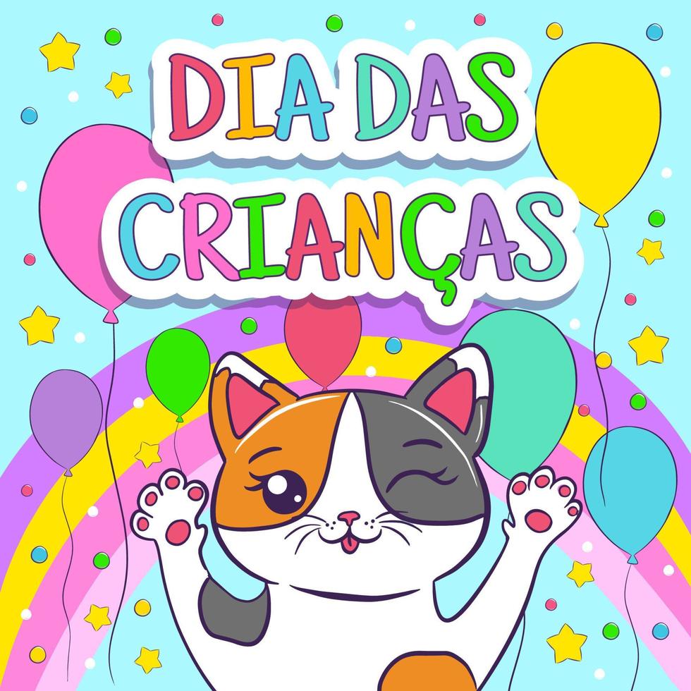 feliz día del niño en brasil. banner de vector de arco iris con un lindo gato.