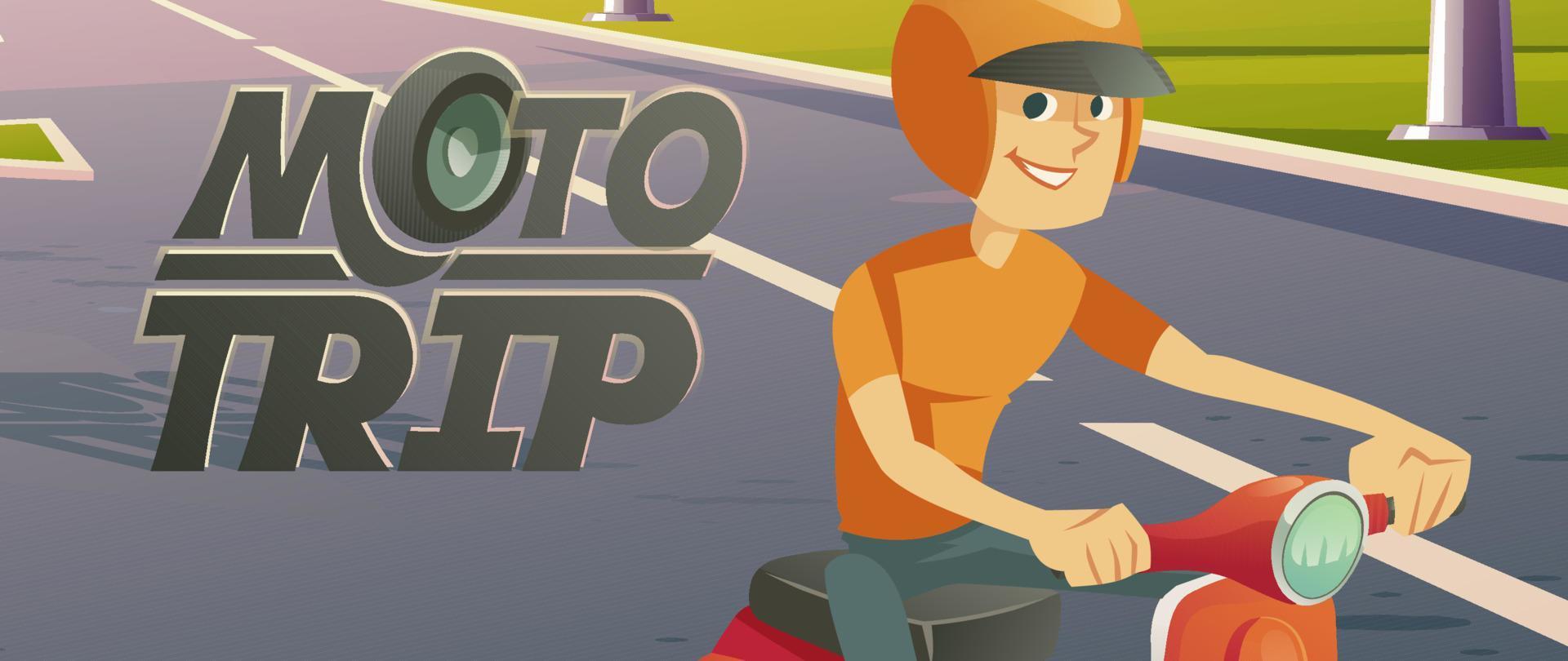 Man riding bike, moto trip cartoon vector banner