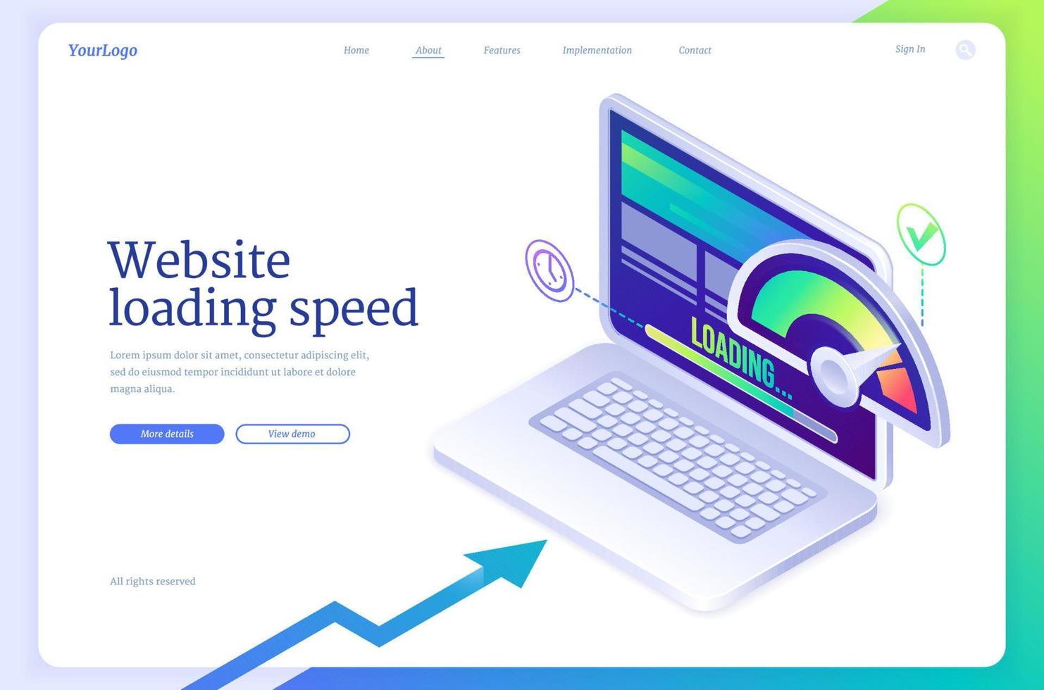 Website loading speed isometric landing page. vector