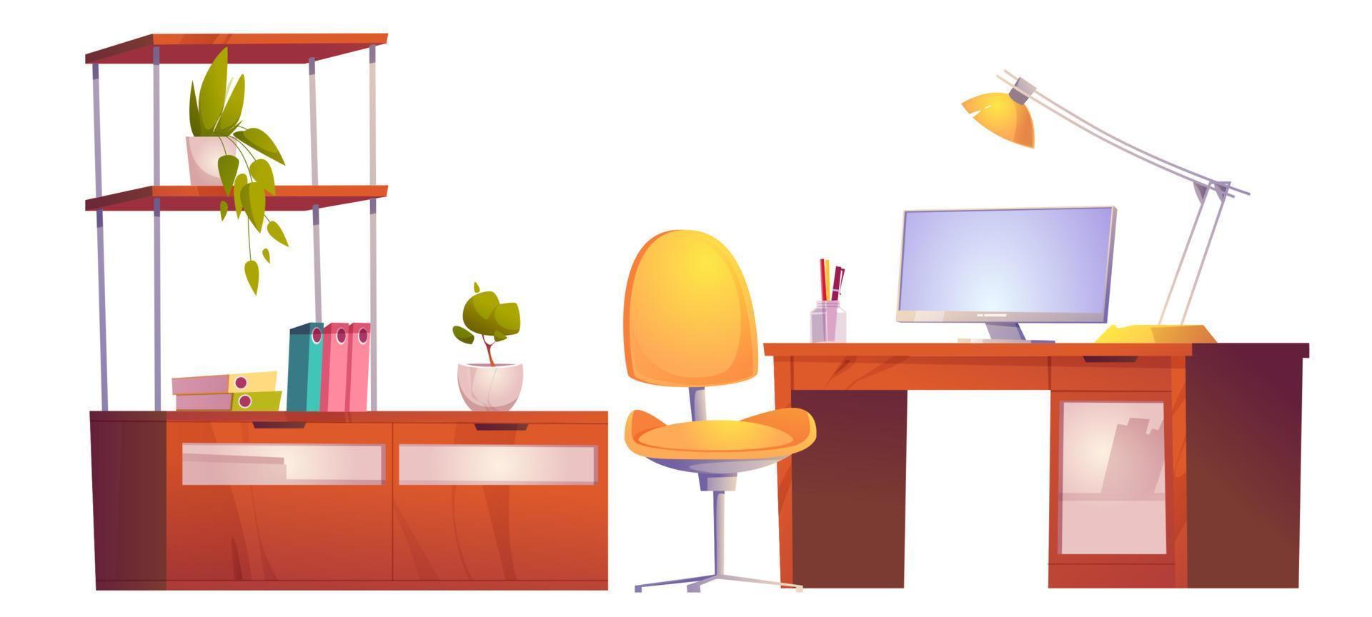oficina o lugar de trabajo en el hogar con escritorio, monitor, silla vector