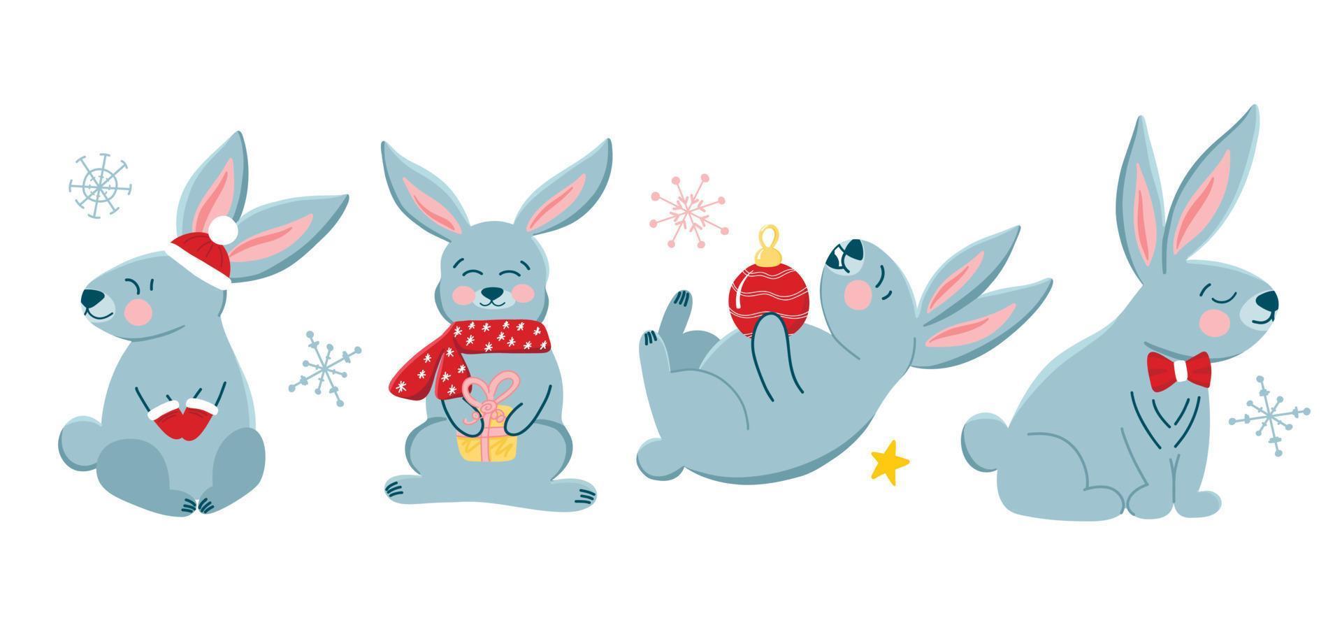 Vector set with cute Christmas bunnies in cartoon style, symbol of the year, cute holiday animals, bunnies, winter. Children's illustration for postcards, posters, design, fabrics.