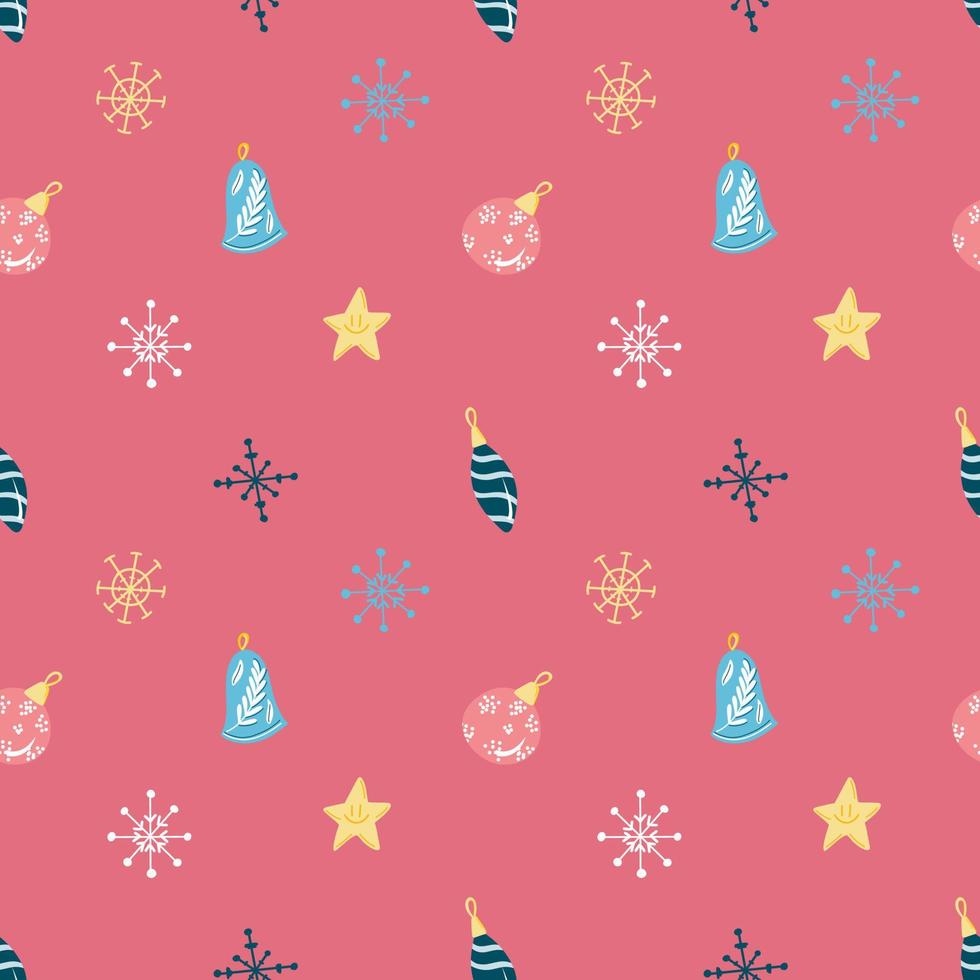 patrón vectorial con juguetes de árbol de navidad y copos de nieve, navidad en estilo de dibujos animados, año nuevo, patrón de invierno para postales, decoración, envoltura de regalos vector