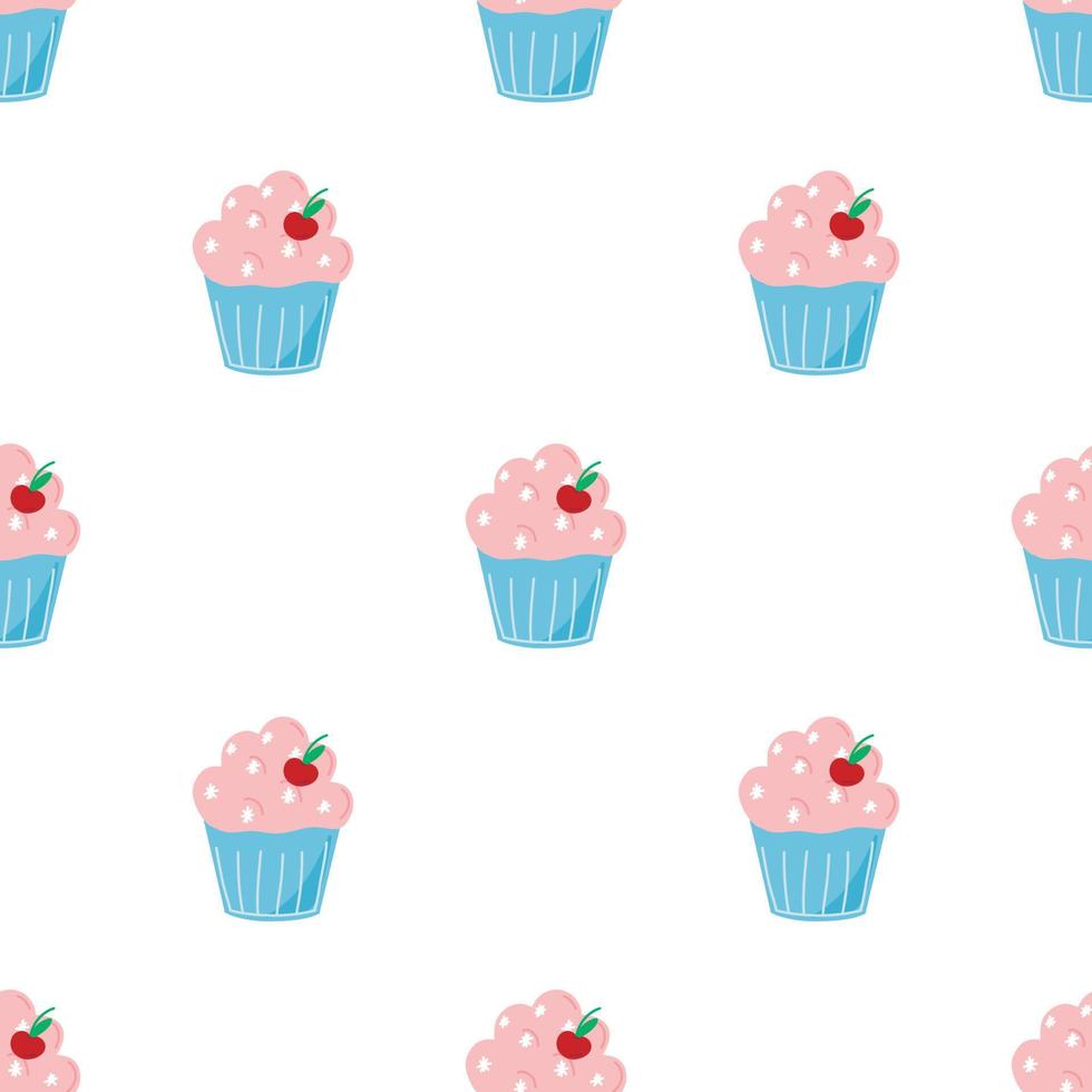 Vector pattern with cream cakes, cupcakes in cartoon style on a white background. Pattern with sweets, delicious food for fabrics, packaging, design, fabrics.