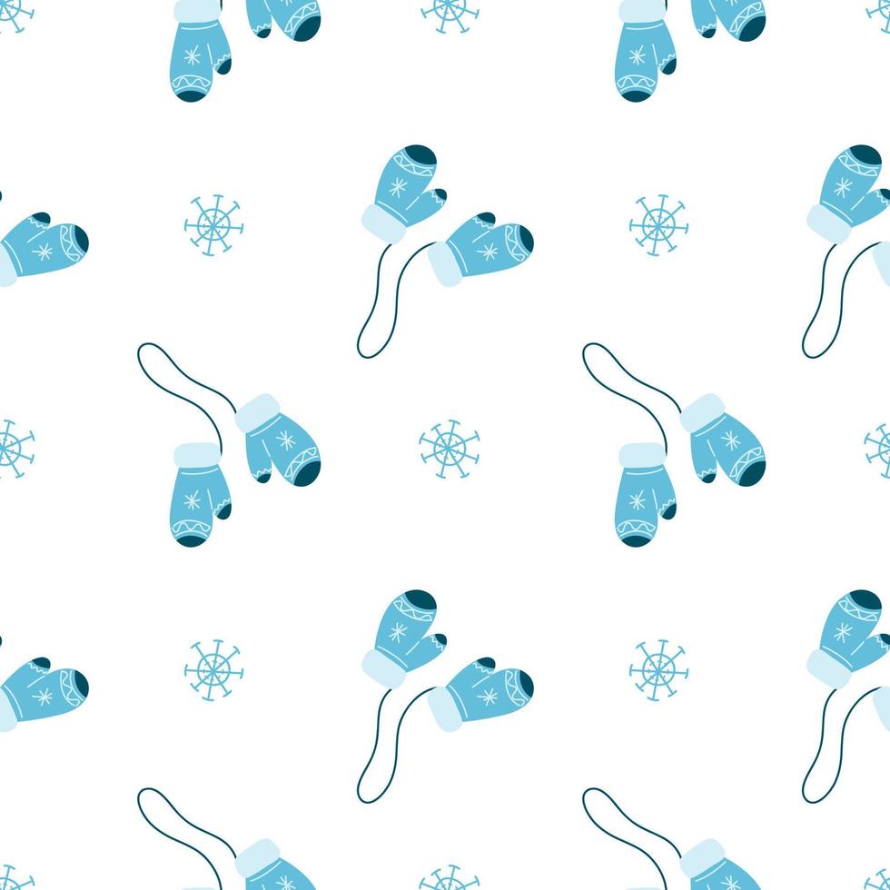 Vector pattern with blue knitted mittens and snowflakes, Christmas in cartoon style, symbol of the year, winter pattern for postcards, decoration, gift wrapping
