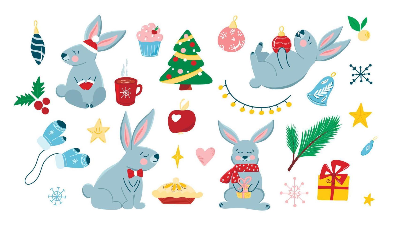 Vector set with cute Christmas bunnies in cartoon style, symbol of the year, Christmas toys, Christmas tree, festive winter elements. Children's illustration for postcards, posters, design, fabrics.