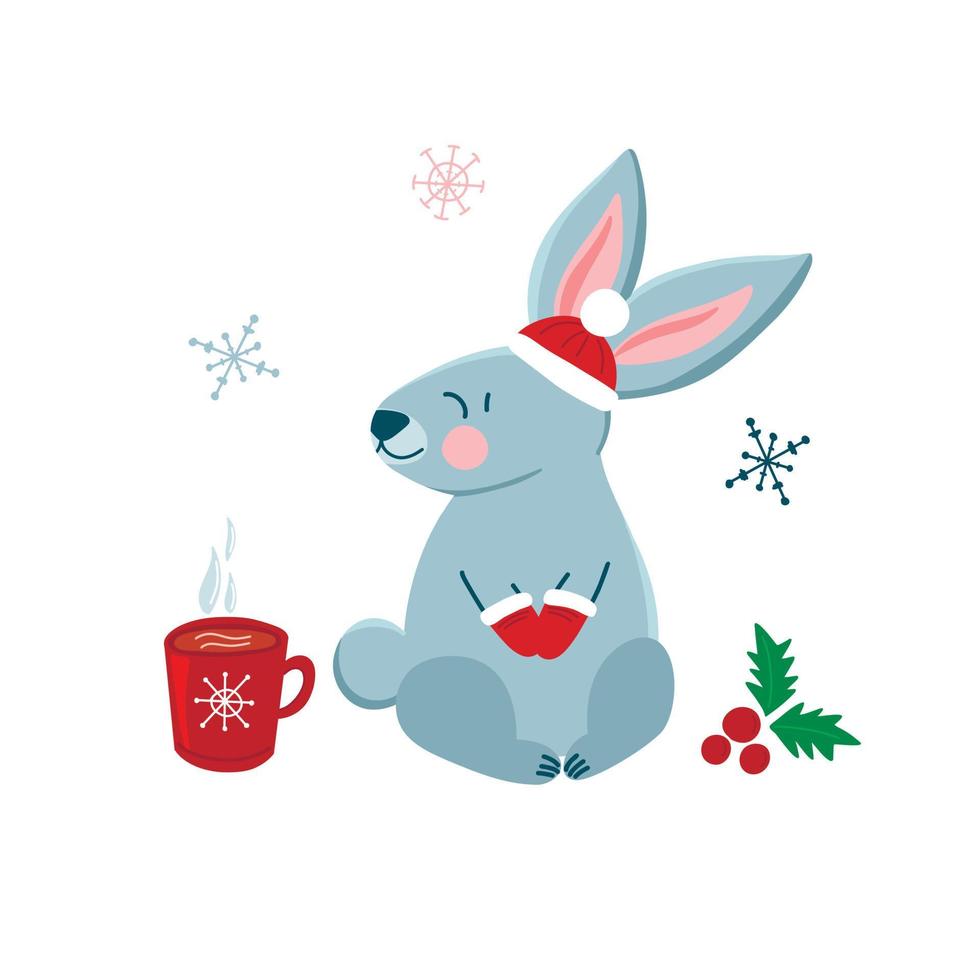 Vector greeting card template with a cute Christmas bunny in cartoon style, with a hot cup of cocoa and a winter hat. Children's illustration with cute animals for postcards, posters, design, fabrics.
