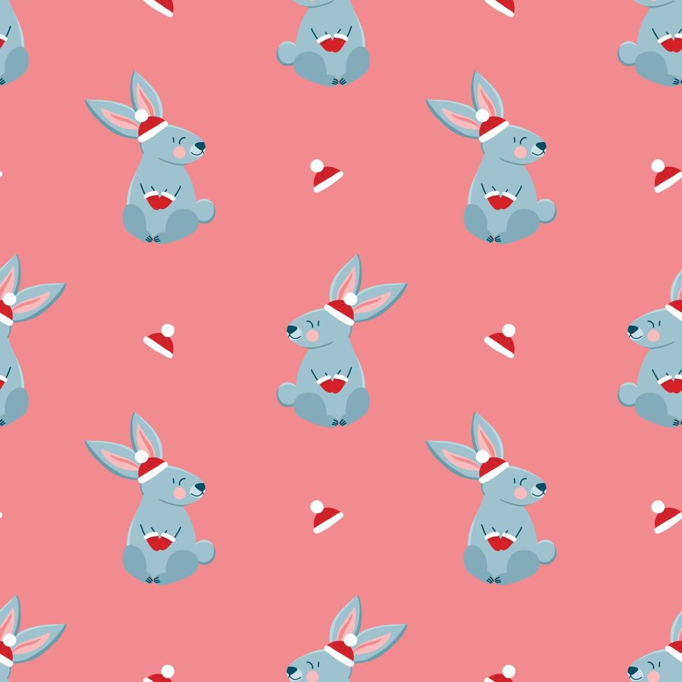 Vector pattern with cute gray rabbits in a red knitted hat and mittens, Christmas in cartoon style, symbol of the year, festive pattern for postcards, decoration, gift wrapping