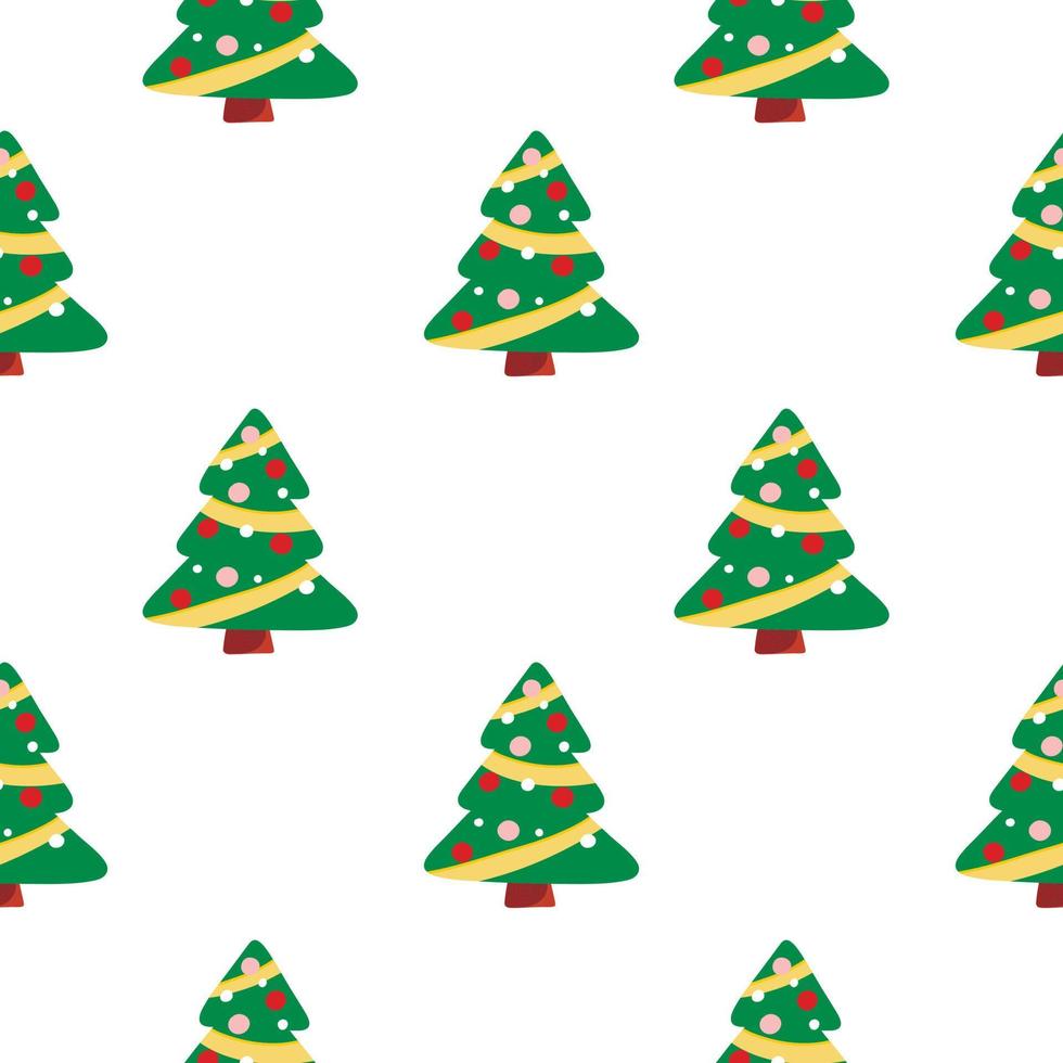 Vector pattern with Christmas trees with Christmas toys, Christmas in cartoon style, festive pattern for postcards, decoration, gift wrapping