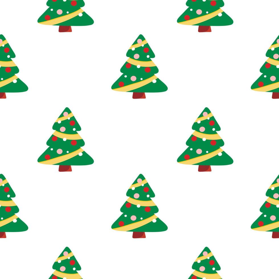 Vector pattern with Christmas trees with Christmas toys, Christmas in cartoon style, festive pattern for postcards, decoration, gift wrapping