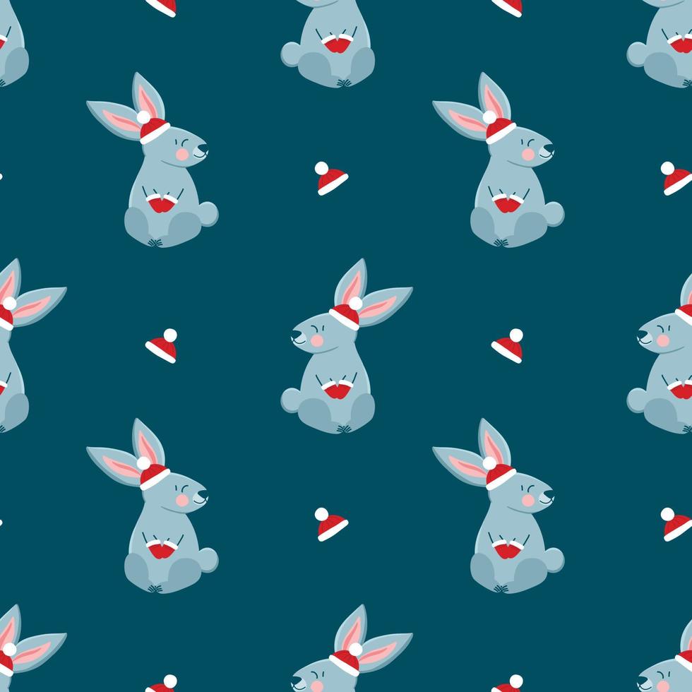 Vector pattern with cute gray rabbits in a red knitted hat and mittens, Christmas in cartoon style, symbol of the year, festive pattern for postcards, decoration, gift wrapping