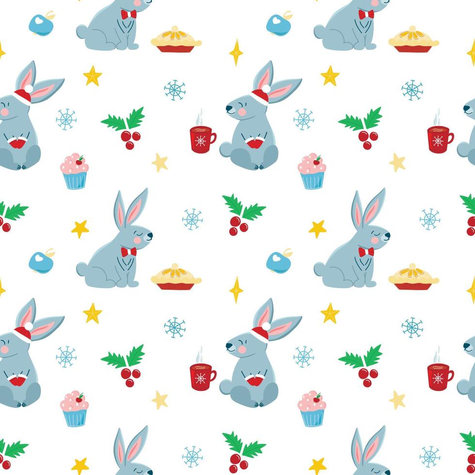 Vector pattern with cute gray rabbits and Christmas tree toys, cartoon-style Christmas, symbol of the year, festive pattern for postcards, decoration, gift wrapping