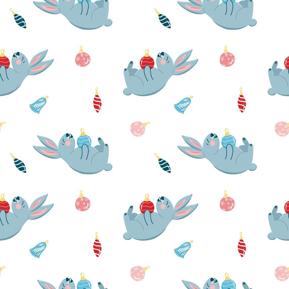 Vector pattern with cute gray rabbits and Christmas tree toys, cartoon-style Christmas, symbol of the year, festive pattern for postcards, decoration, gift wrapping