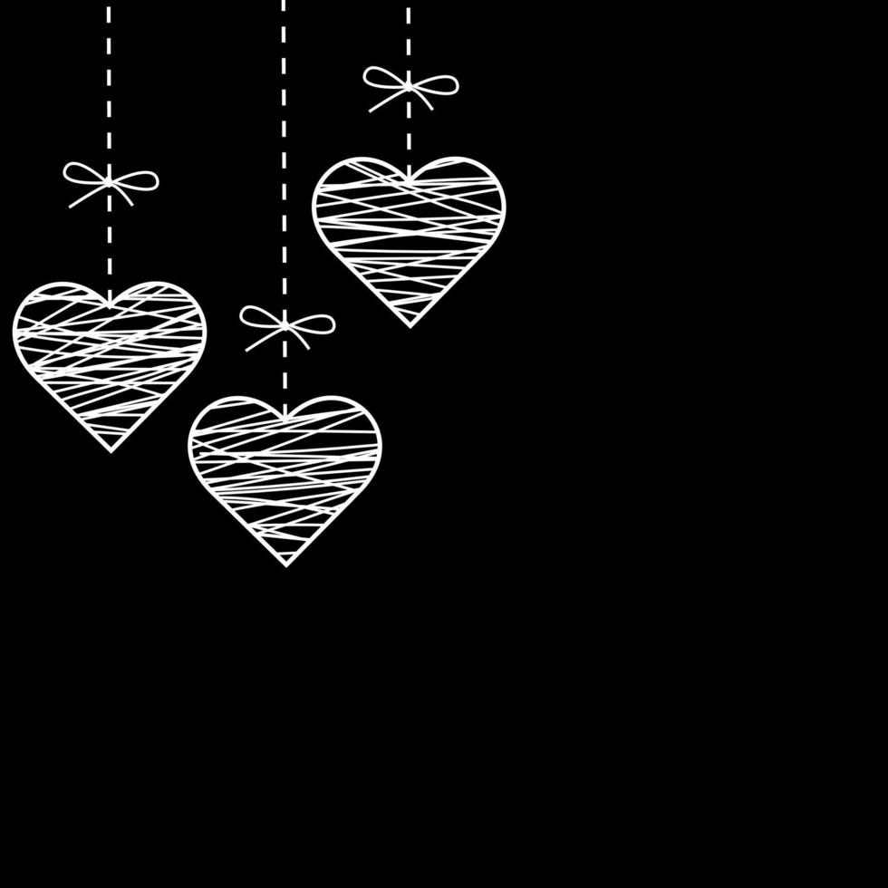 Valentines day card with hanging decorative hearts.White hand-drawn hearts on black textured background. Simple design. Vector illustration