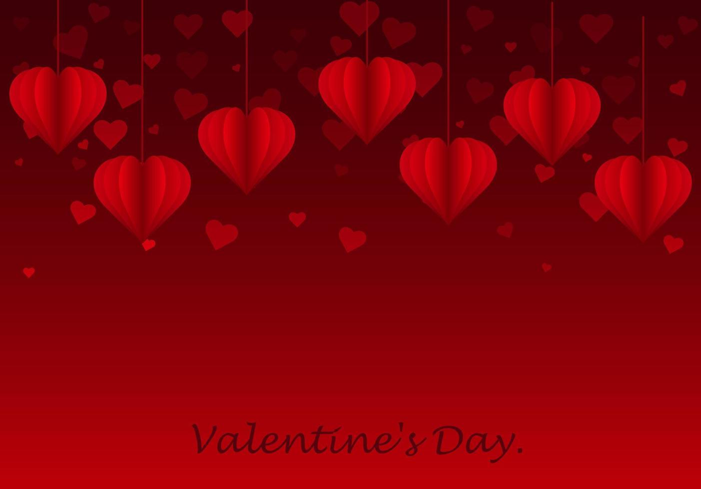 Feliz día de San Valentín. fondo con corazones de papel rojo colgando de la cintatarjeta de felicitación, póster de regalo, banner de vacaciones.ilustración vectorial vector