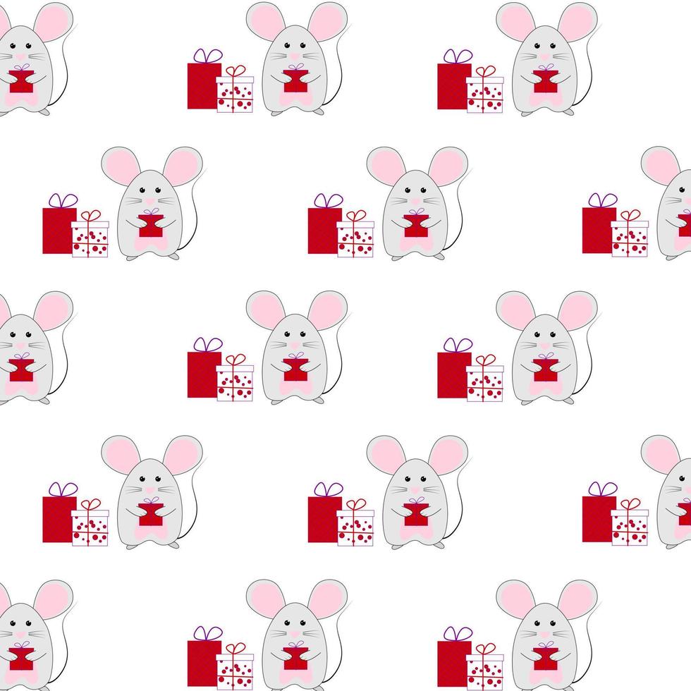 Seamless vector Christmas pattern with mice, gifts.Vector illustration for printing on fabric and paper