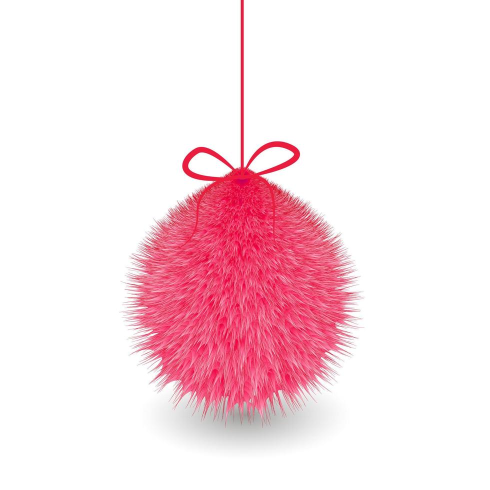 Fluffy cute realistic 3D soft pink toy with ribbon.Funny fur ball for game design.Vector illustration vector