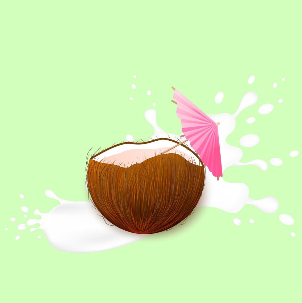 cóctel de coco. salpicaduras de leche y coco, objeto vectorial 3d. coco con iconos de bebida para menú, web y diseño gráfico.ilustración vectorial vector