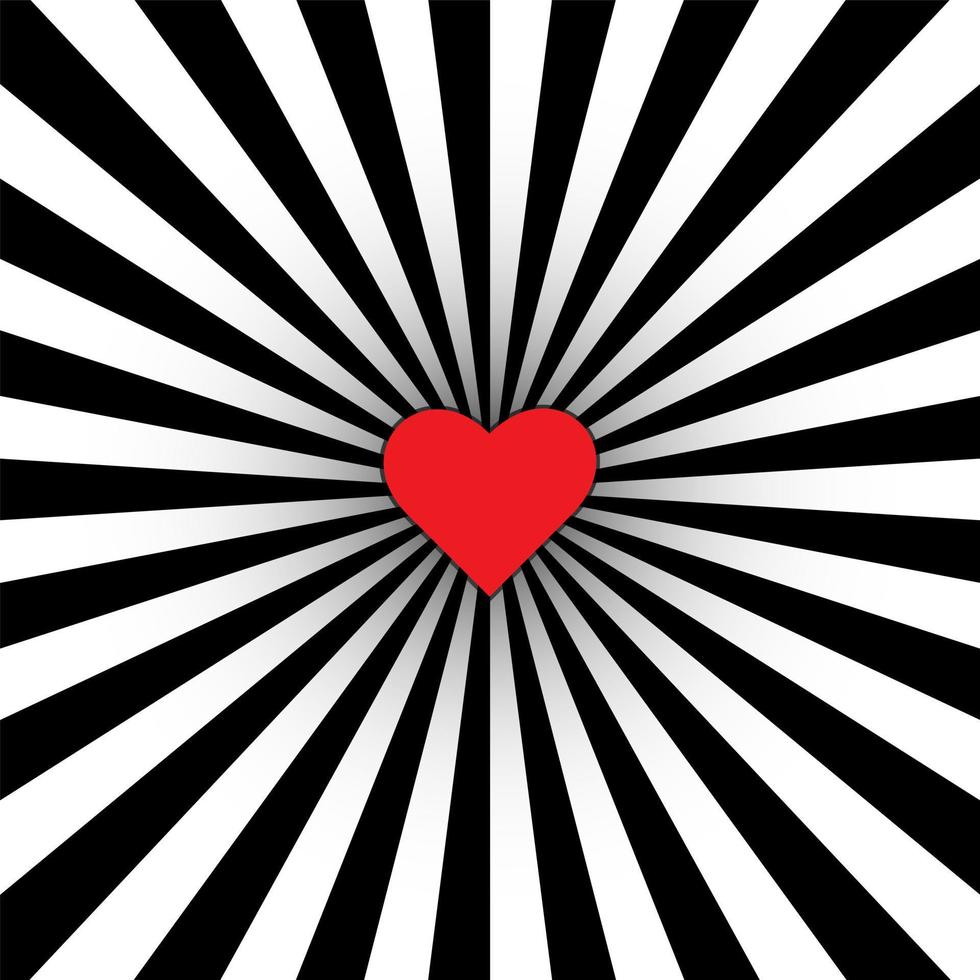Swirling pattern background. Vortex starburst spiral twirl square with red heart. Helix rotation rays. Converging psychadelic scalable stripes. Vector illustration