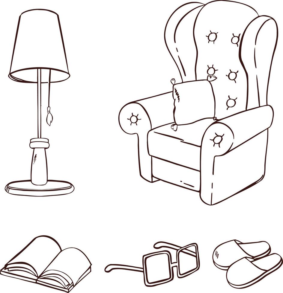 Set of furniture for rest and sleep outline. Sofa, armchair, bed. illustration vector