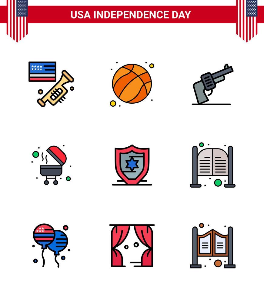 USA Happy Independence DayPictogram Set of 9 Simple Flat Filled Lines of shield american gun grill barbecue Editable USA Day Vector Design Elements