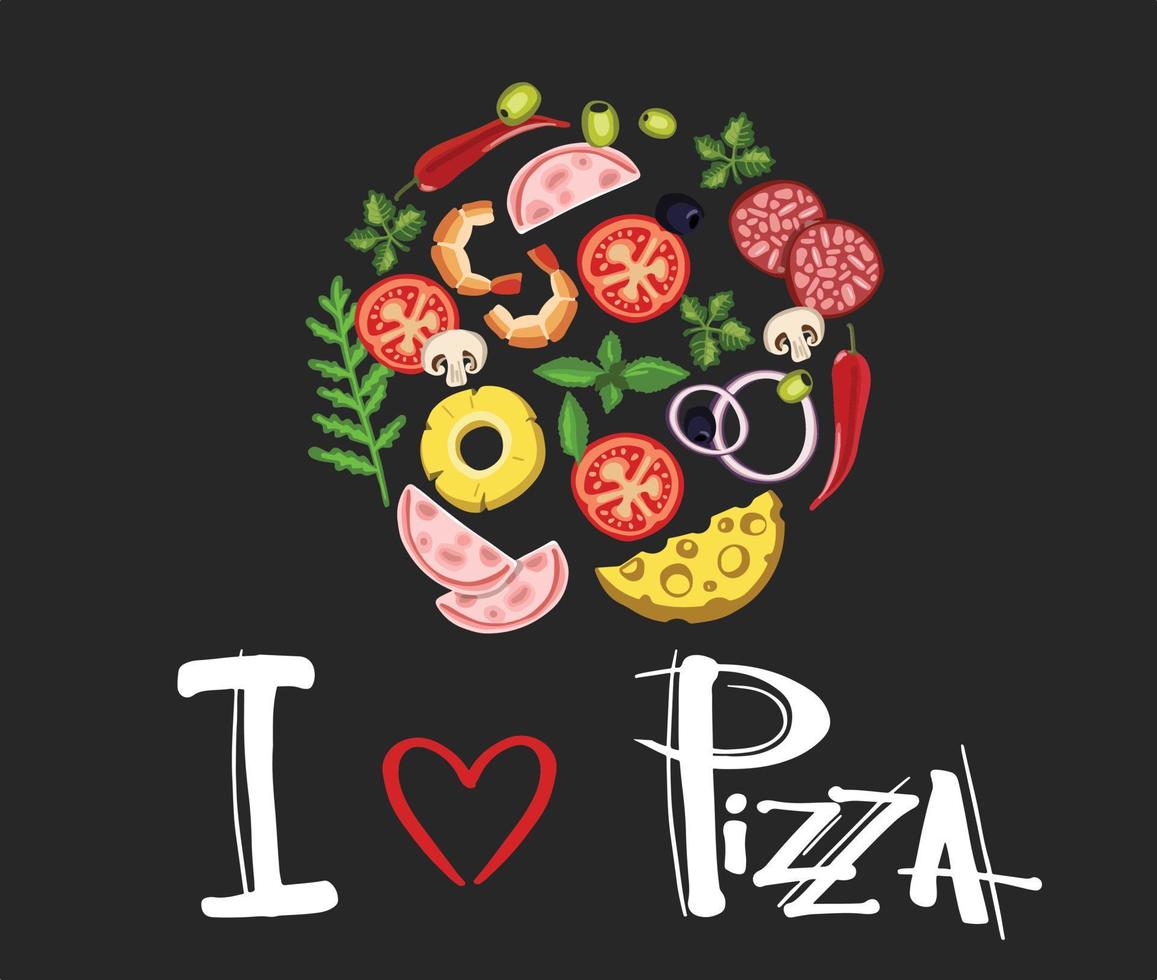 conjunto de pizzas con varios rellenos. ilustración. vector