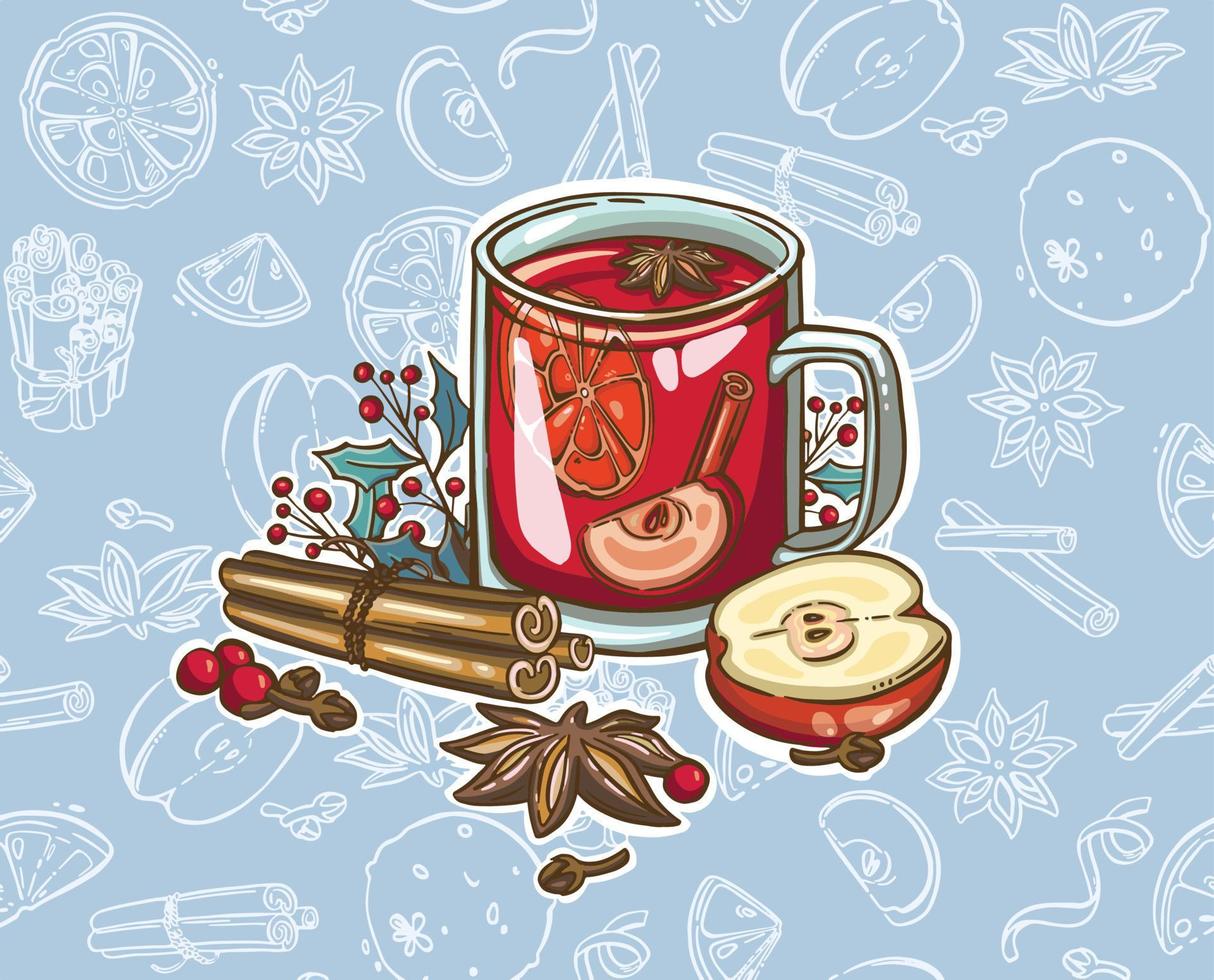 vino caliente con especias de navidad acuarela. copa de vino pintada a mano, canela, pan de jengibre y rama de abeto aislada en fondo blanco. ilustración de invierno para diseño, impresión, tela. vector