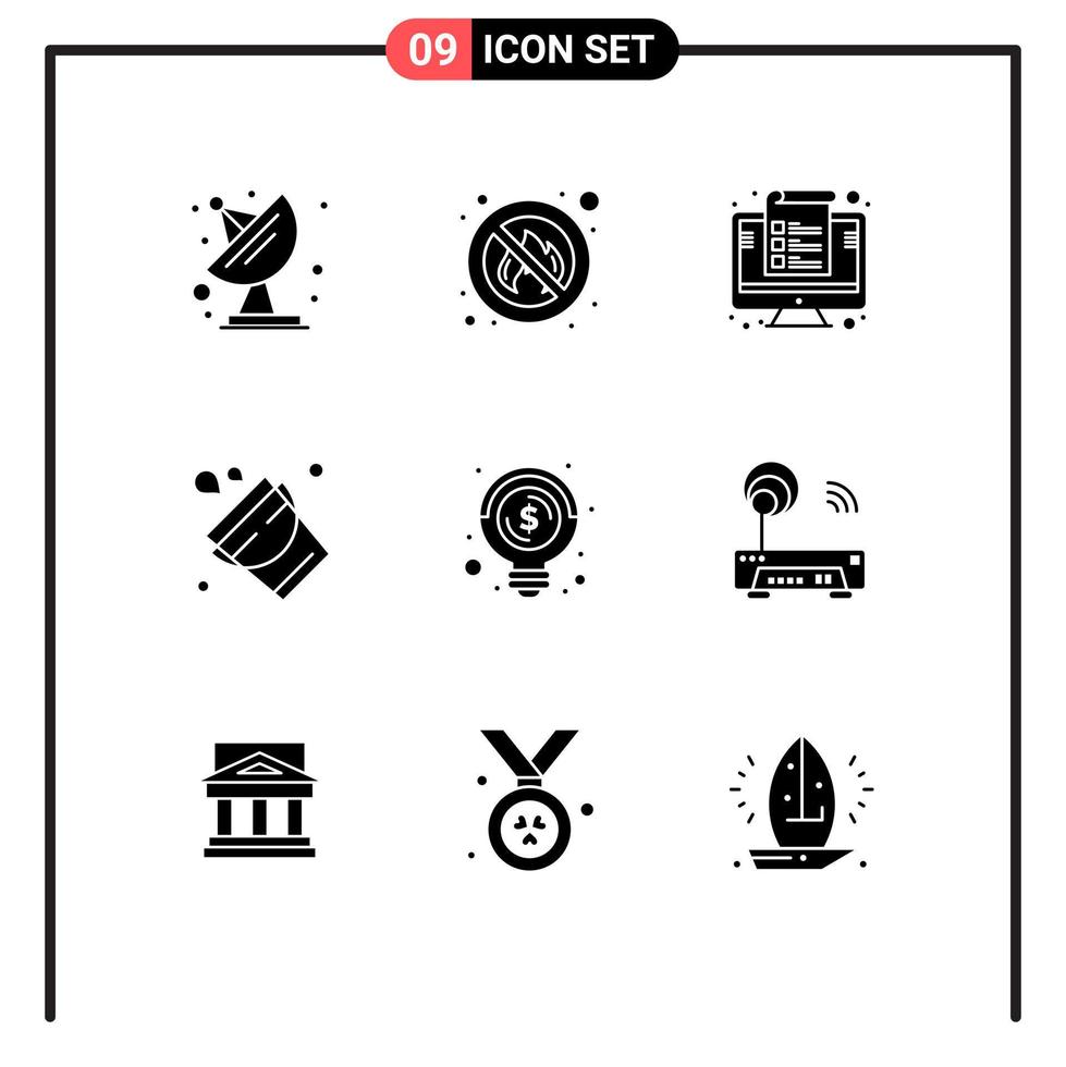 Universal Icon Symbols Group of 9 Modern Solid Glyphs of business tool device firefighter bucket Editable Vector Design Elements