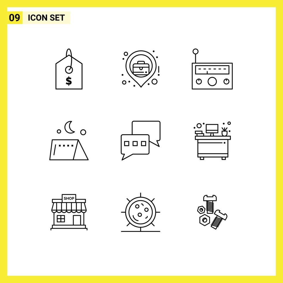 Group of 9 Outlines Signs and Symbols for mail chatting equipment travel outdoor Editable Vector Design Elements