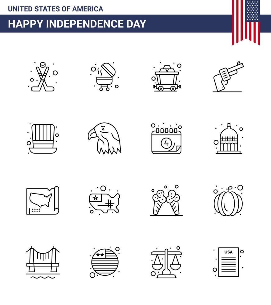 4th July USA Happy Independence Day Icon Symbols Group of 16 Modern Lines of usa hat mine day weapon Editable USA Day Vector Design Elements