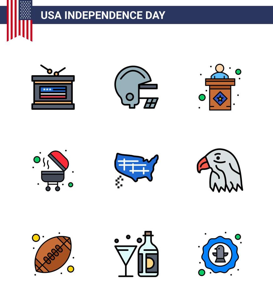conjunto de 9 iconos del día de ee.uu. símbolos americanos signos del día de la independencia para estados de ee.uu. mapa electoral bbq elementos de diseño vectorial del día de ee.uu. editables vector