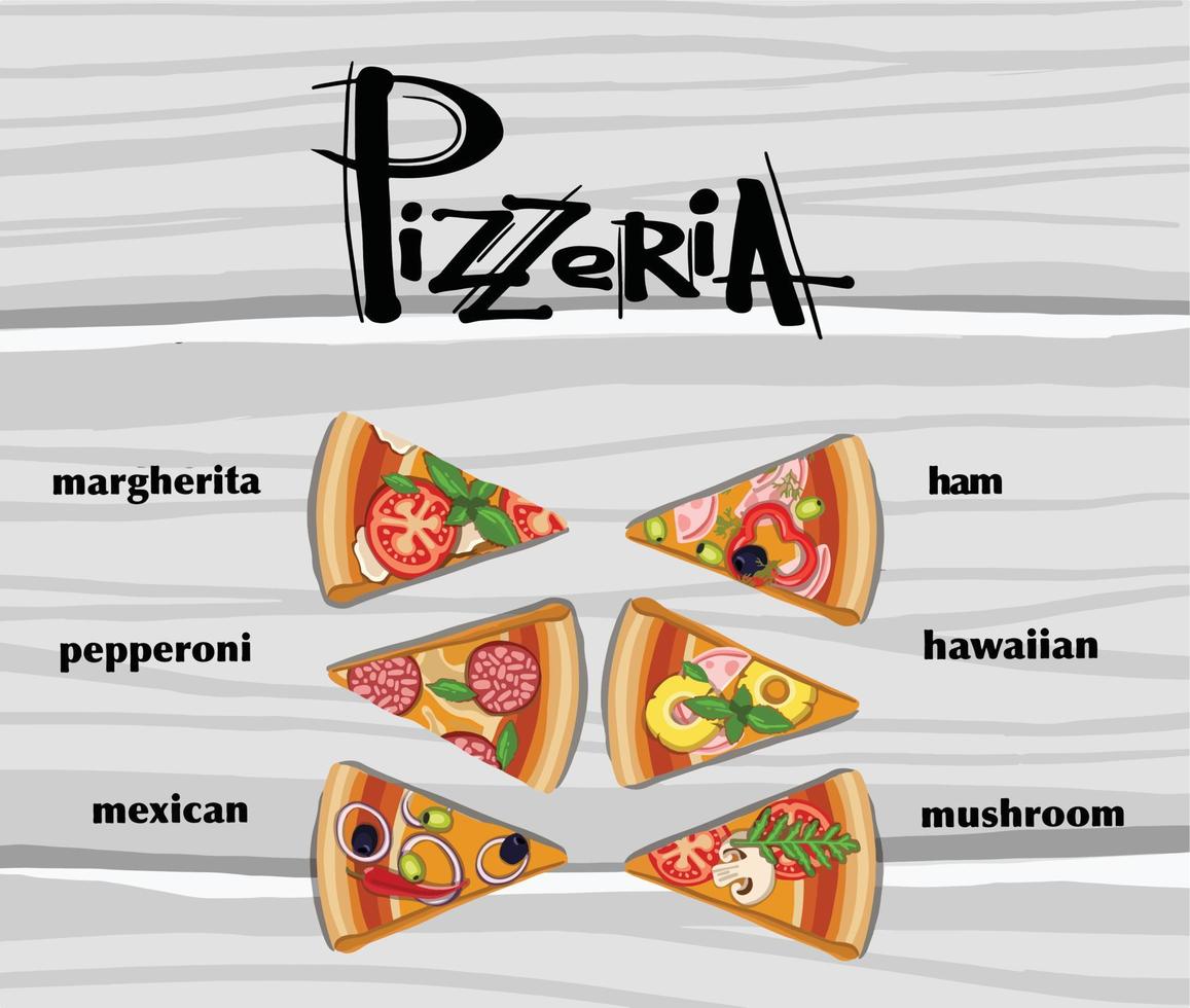 conjunto de pizzas con varios rellenos. ilustración. vector