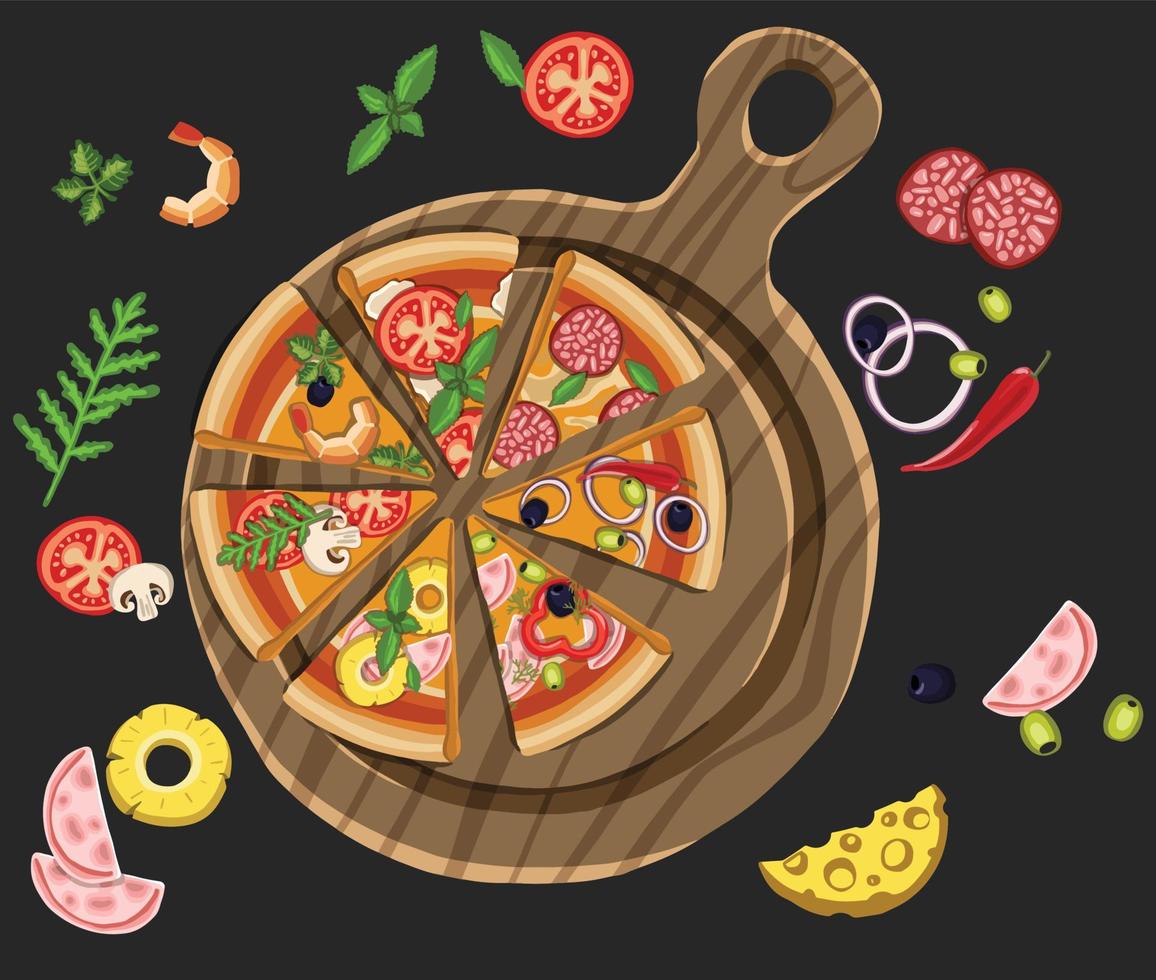 conjunto de pizzas con varios rellenos. ilustración. vector