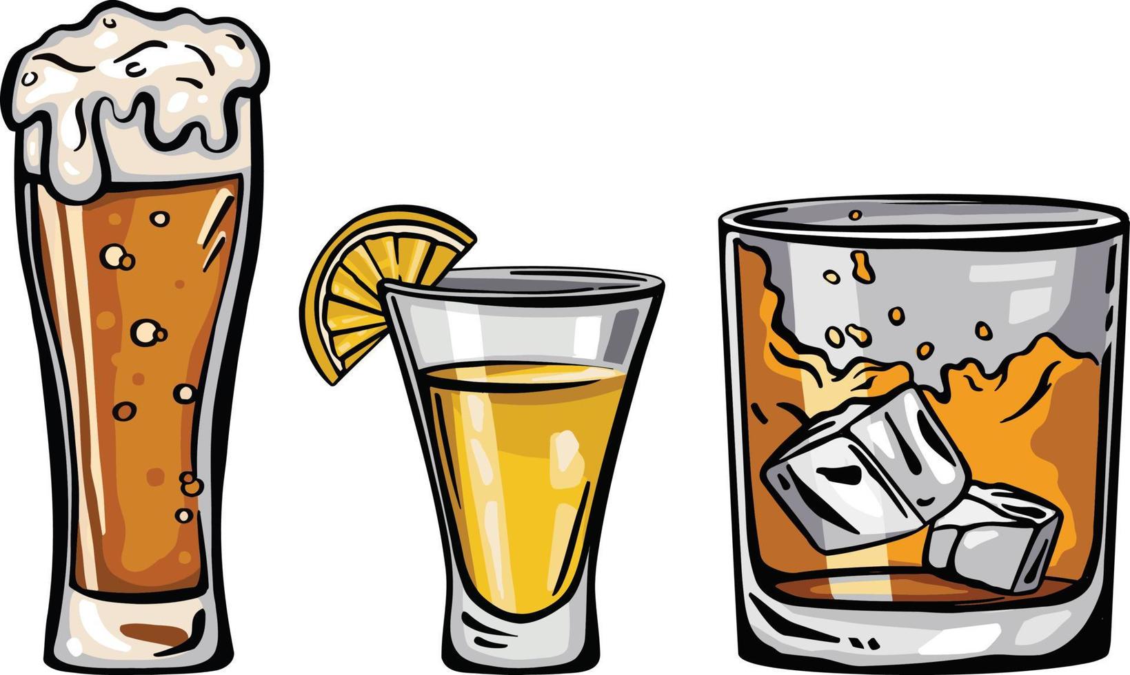 conjunto alcohólico whisky de cerveza de tequila, vector de dibujo a mano alzada