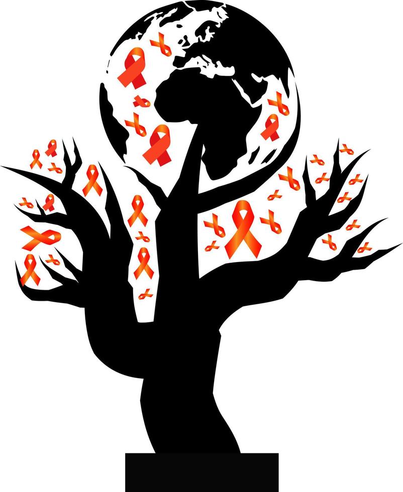 World AIDS Day Awareness Red Ribbon with tree and world map symbolic concept. Grow Aids alert  in worldwide. HIV virus banner poster greeting card. 01 December vector