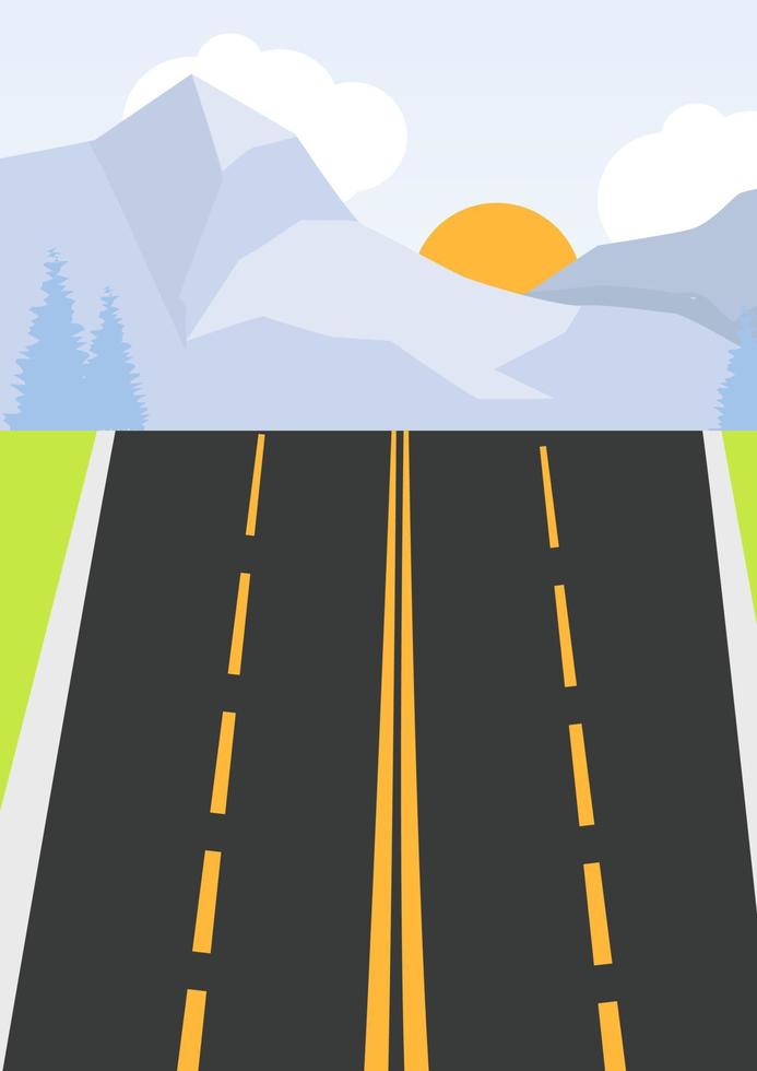 Two lane road in perspective with mountains and sun in the background vector