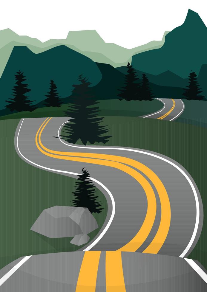 Winding road in a dark green forest in the background of a mountain vector