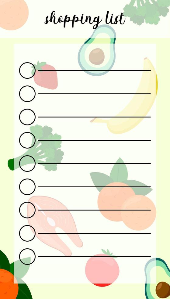 Food shopping list template. Vector colorful printable reminder for food store customer. Blank personal planner of meal purchases