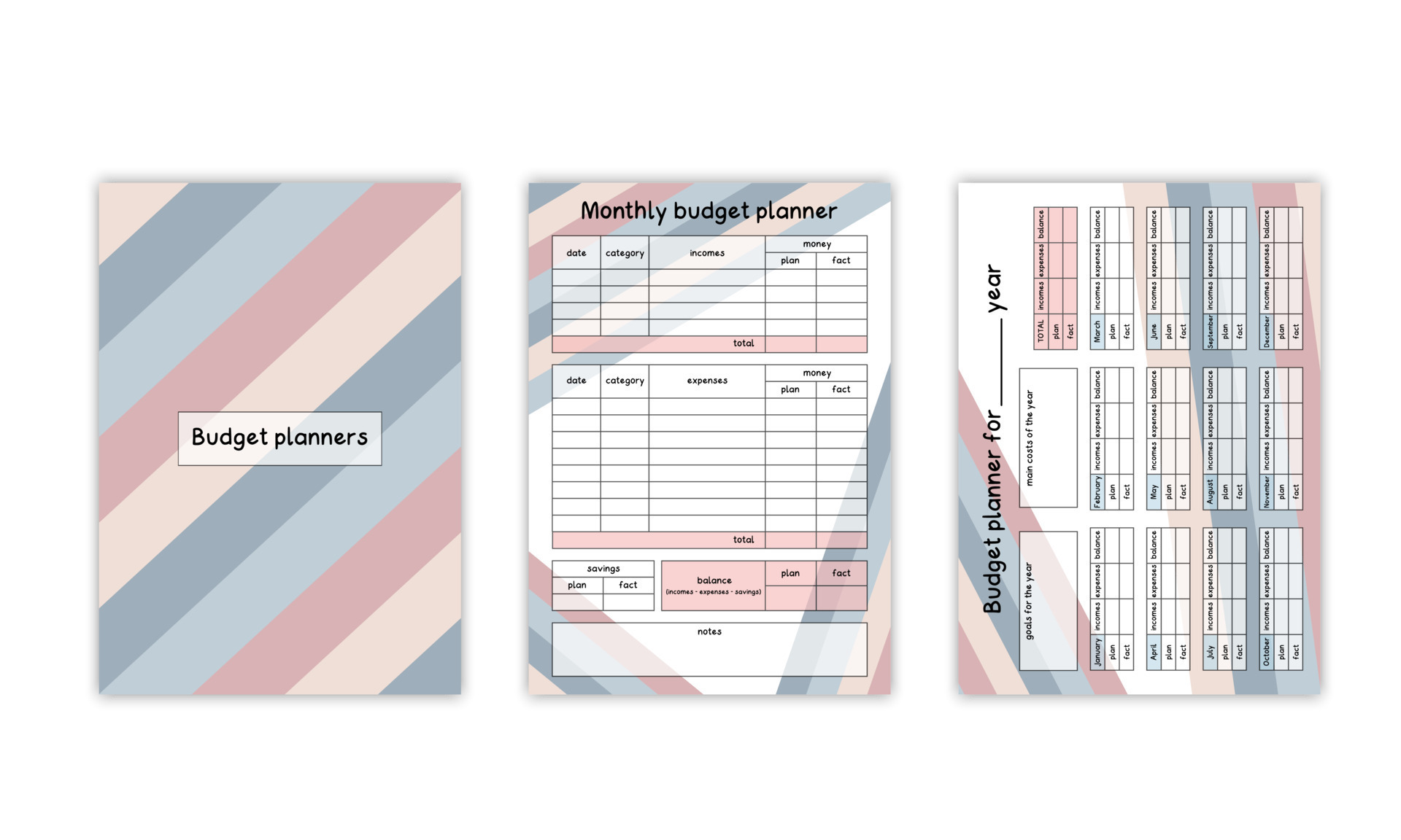 Budget planner book. Vector set of templates with financial plan of