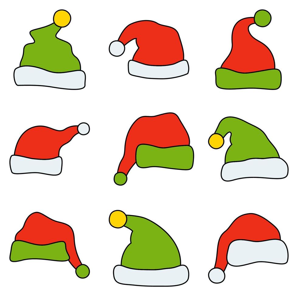 conjunto, de, santa claus, sombrero, aislado, blanco, plano de fondo vector