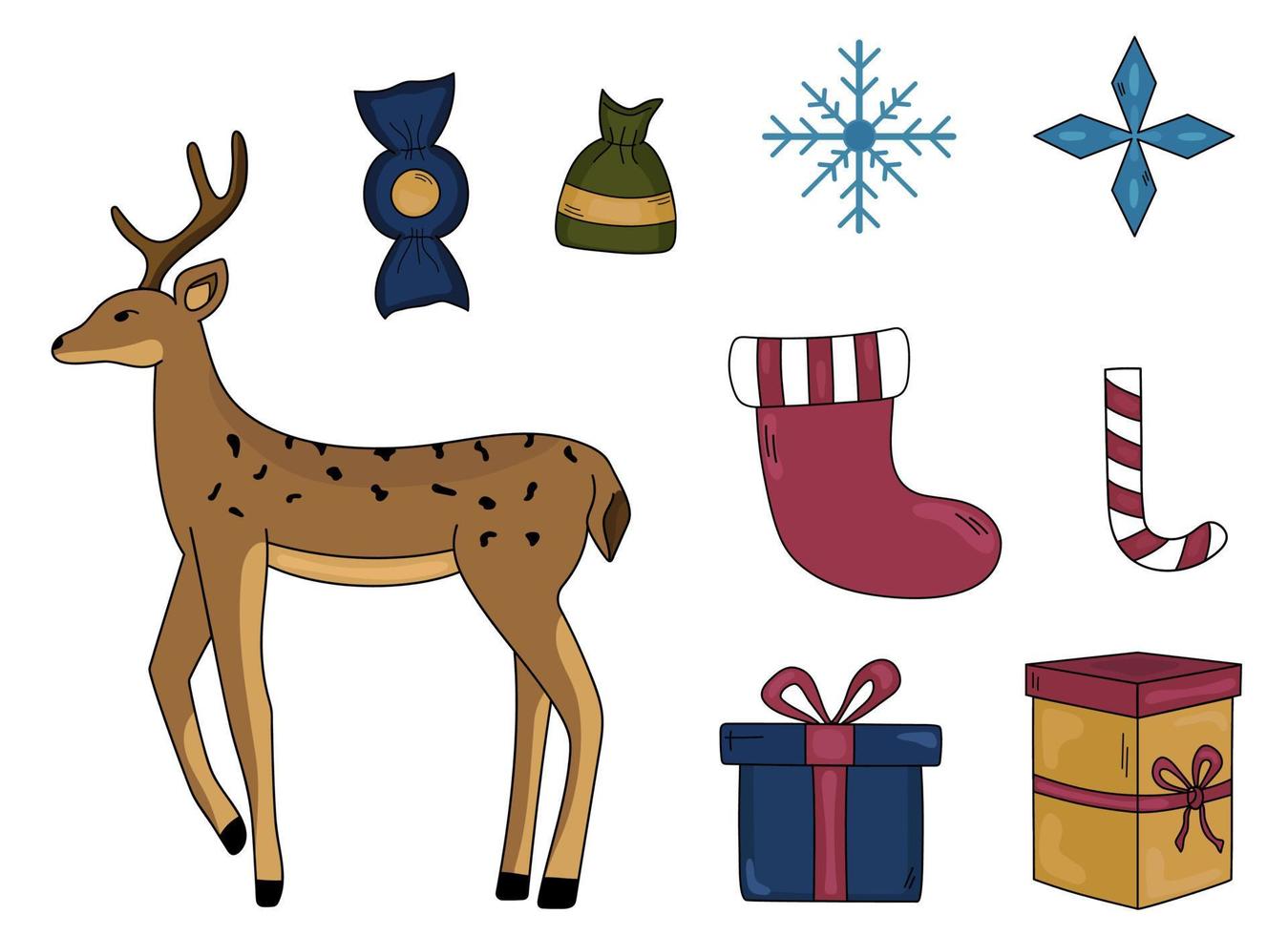 Set of Christmas doodles. Hand drawn gift boxes, candies, deer, snowflakes. New Year vector illustration for winter decoration