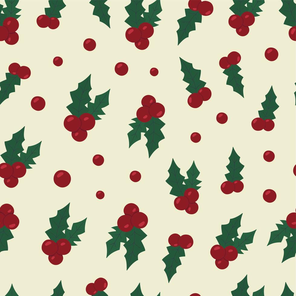 Christmas seamless pattern with holly berries on white background. Winter holiday vector repeat backdrop for fabric, textile, paper, wrapping