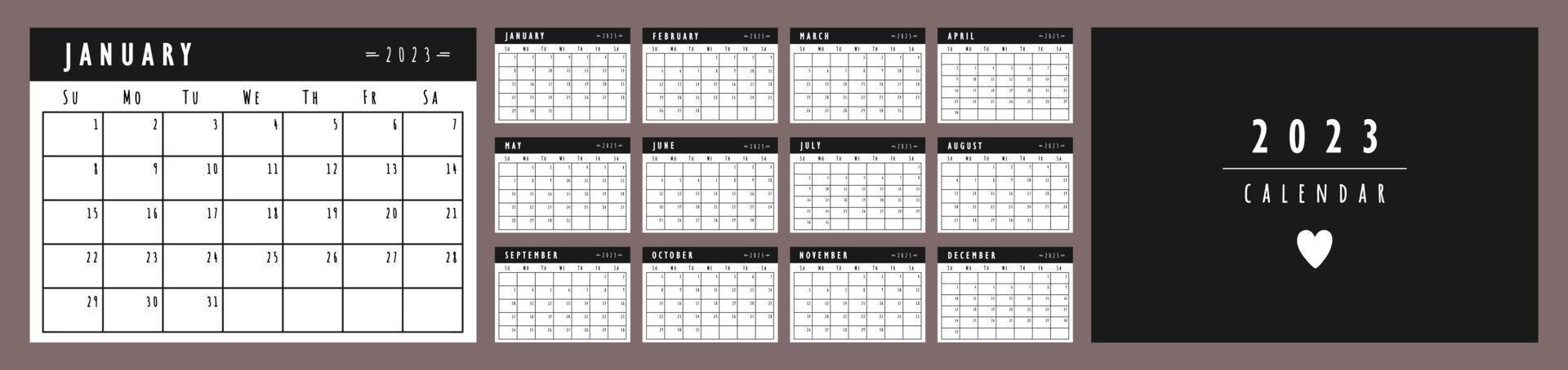 2023 Calendar planner template. The week starts on Sunday. Black wall or desk calendar. Set of 12 months vector